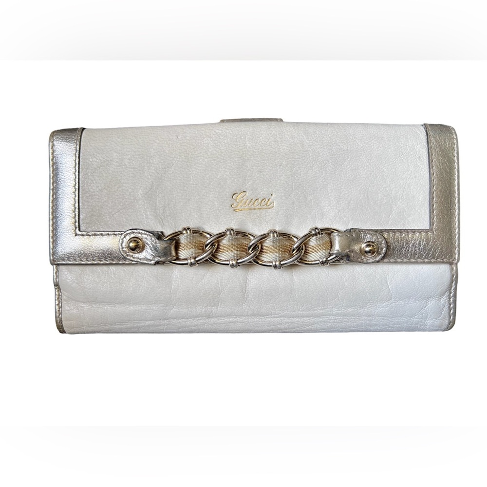 Vintage Gucci Long Bifold Wallet in Cream Leather with Silver Trims
